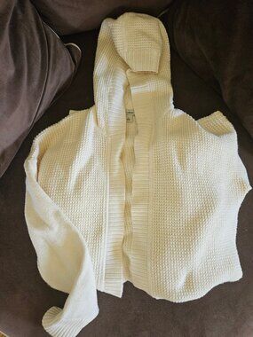 LL Bean Cream Knit Hooded Cardigan Sweater Belted Pockets Womens Large